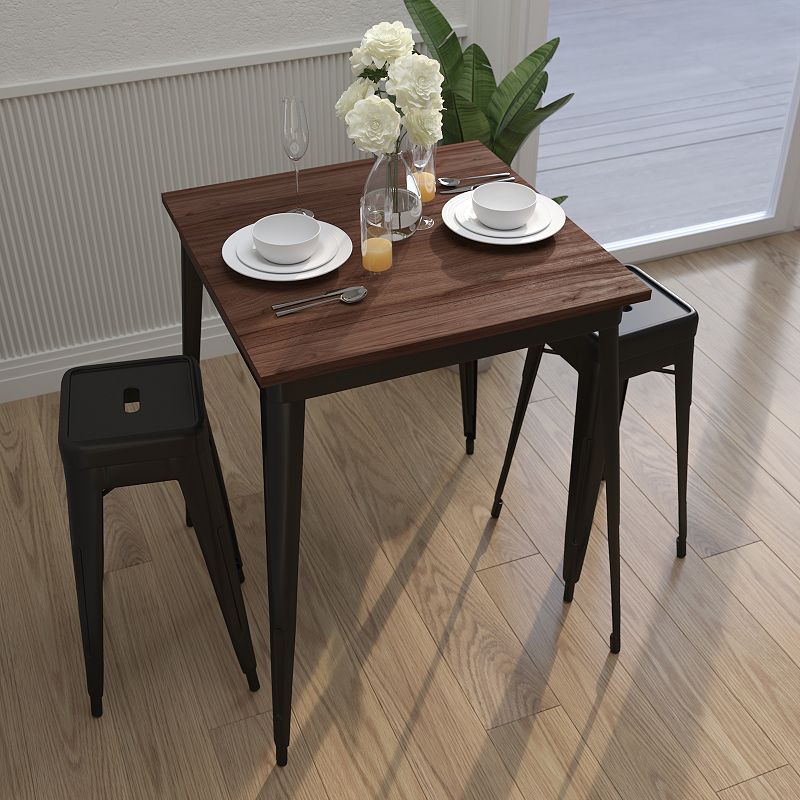 Merrick Lane Ardennes 31.5 Black Steel Indoor Contemporary Table With Square Walnut Rustic Wood Top