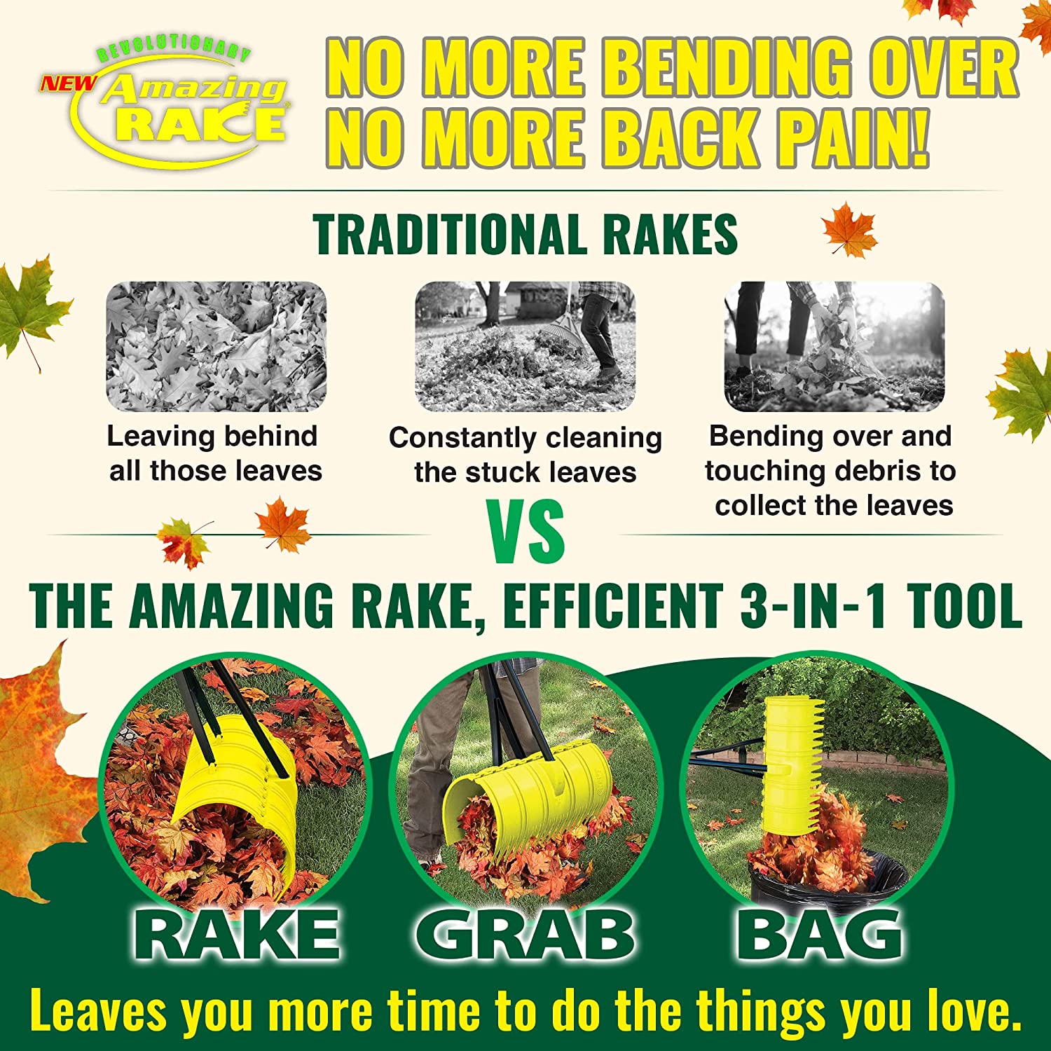 Amazing Rake Back Saving Garden Rake ― Leaf Rakes for Gardening ― Leaf Picker Upper ― Heavy Duty Leaves Claw & Rakes Lawns Garden Tool ― Easy Leaf & Grass Grabber Without Bending Over ― Green