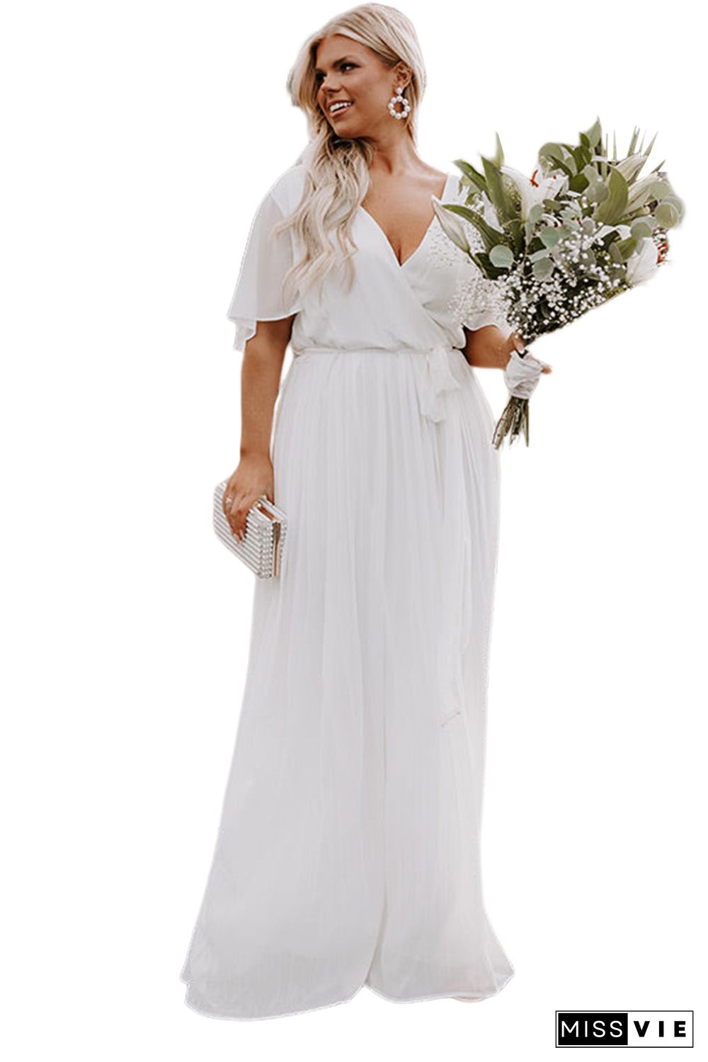 White Wrap V Neck Belted Plus Size Flowy Maxi Dress