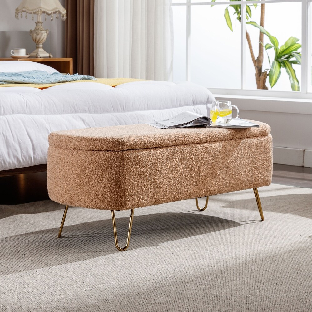 Contemporary Fabric Upholstered Storage Ottoman Bench with Metal Legs