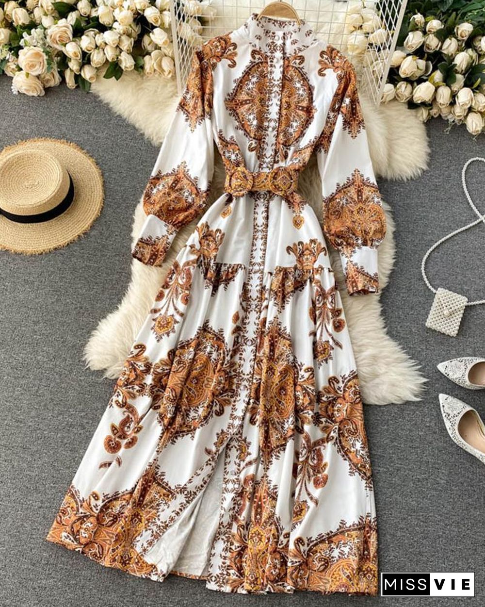 Vintage All Over Print Long Sleeve Maxi Dress With Belt P16174