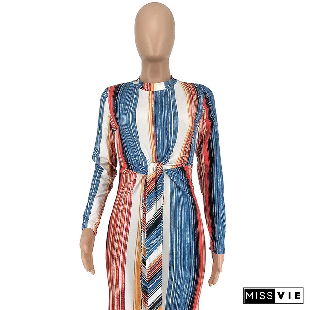 Colorful Stripes Full Sleeves Bandage Ankle-length Maxi Dress