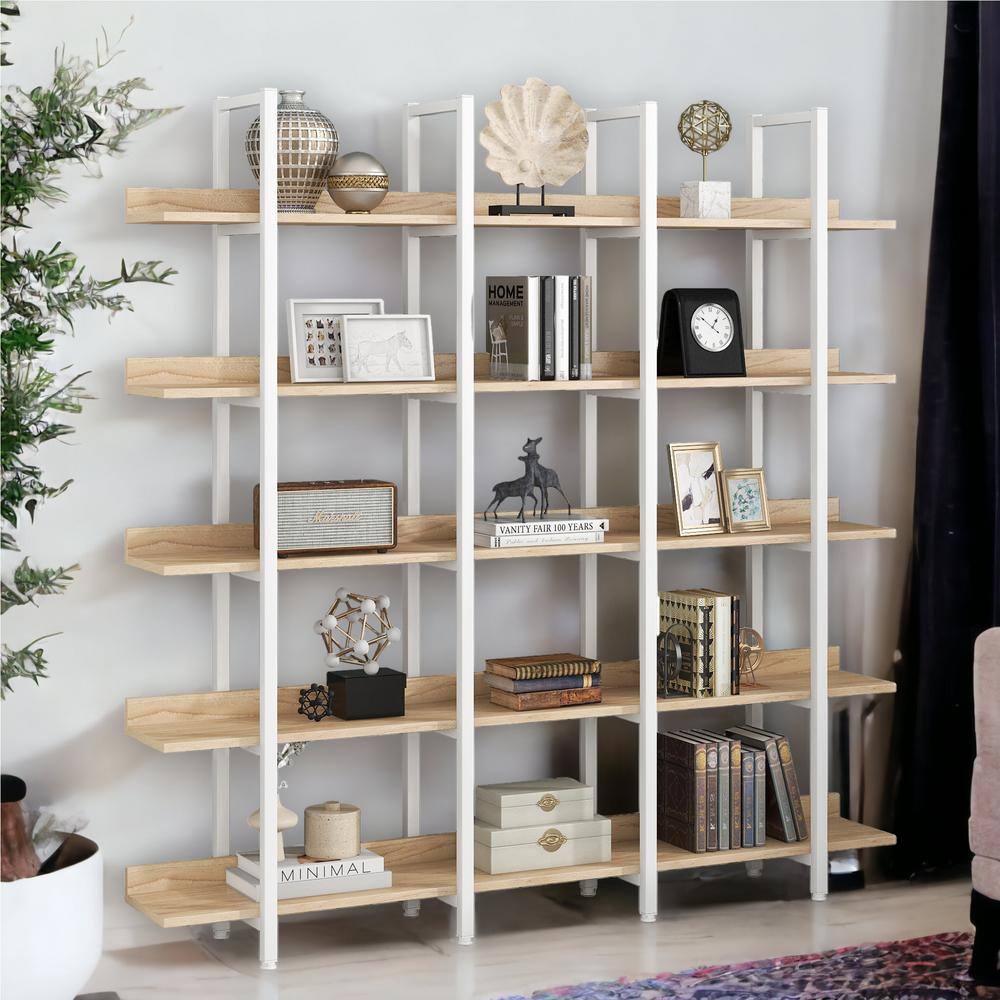 Asucoora Giltner 71 in. Wide WhiteOak Metal 5-Shelf Etagere Bookcase with Open Back NYZWJ006-WK