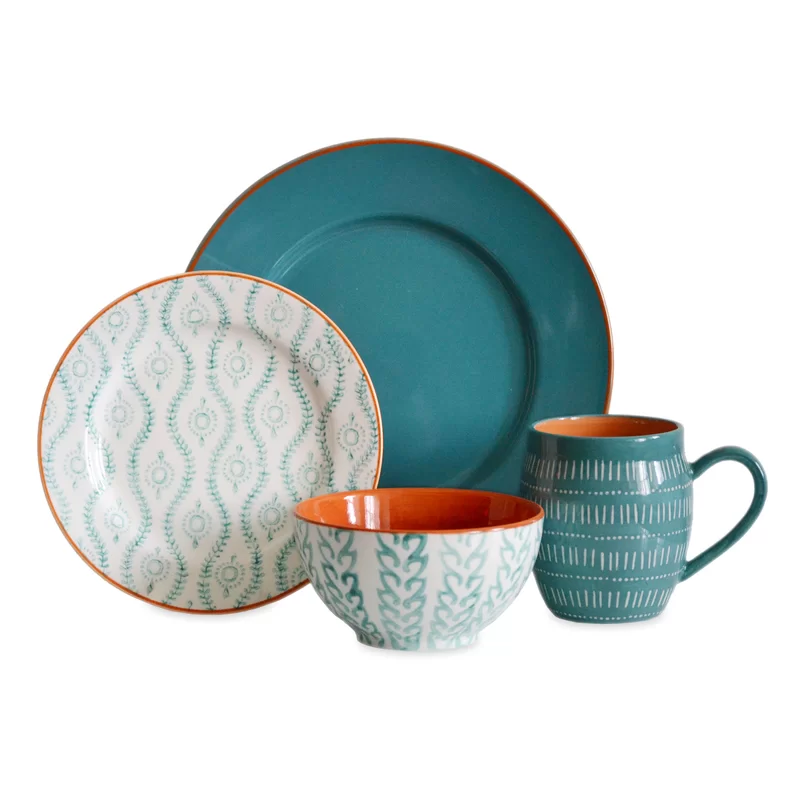 BAUM Essex - Dinnerware Sets， 16 Piece Dish Set for 4， Beautiful Home Decor includes Dinner Plates， Salad Plates， Bowls， and Mugs (Sahara Turquoise) (TTANGT16)