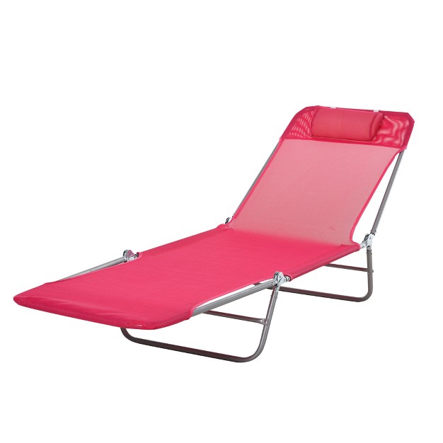 Outsunny Foldable Outdoor Chaise Lounge Chair 5 level Reclining Camping Tanning Chair With Breathable Mesh Fabric And Headrest Pink