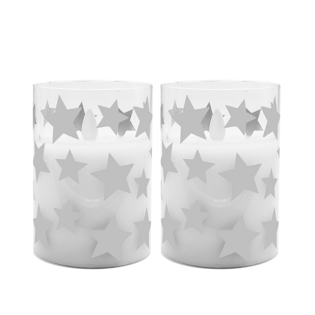 2ct Battery Operated Glass Led Candles With Moving Flame Silver Stars