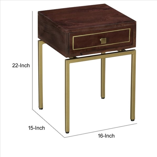 Bedside Table with 1 Drawer and Tubular Metal Legs， Brown and Brass - Brown and Brass - 22 H x 16 W x 15 L Inches