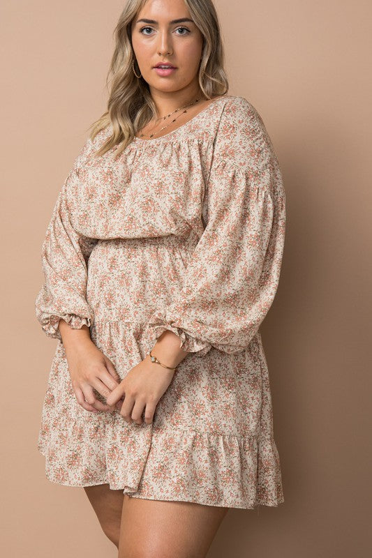 PLUS Ruffled Cuff Floral Mini Dress (Natural)