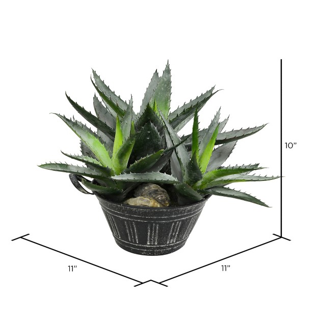 Artificial Green Succulent In Galvanized Pot.