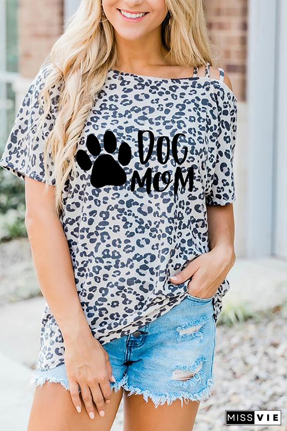 Dog Paw and MOM Leopard Print Graphic Tees for Women Wholesale Short Sleeve T shirts Top