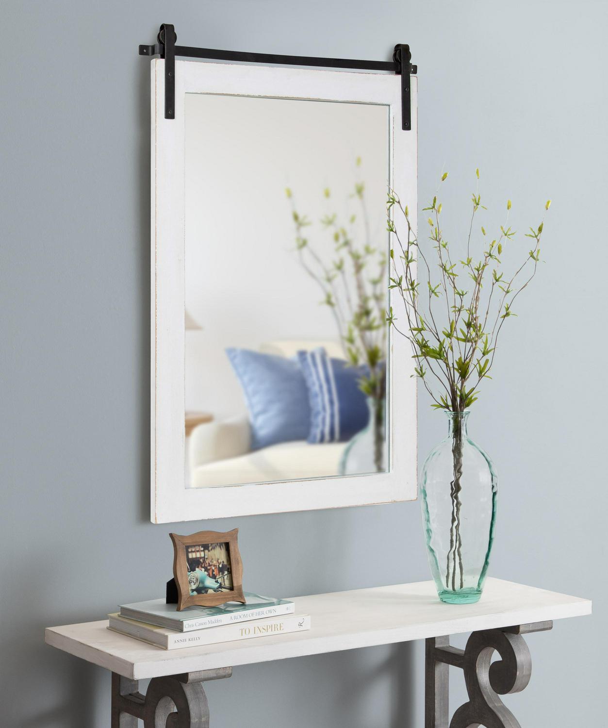 Kate and Laurel Cates Farmhouse Wood Framed Wall Mirror 24 x 38 White Barn DoorInspired Rustic Mirrors for Wall  Crowdfused