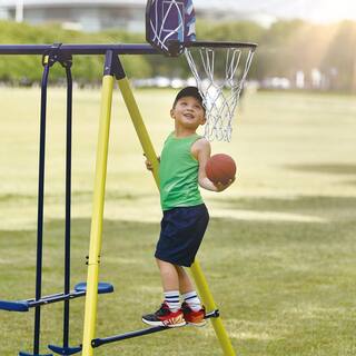 Afoxsos 5 in 1 Outdoor Tolddler Swing Set for Backyard with Steel Frame Seesaw Swing Basketball Hoop HDMX737