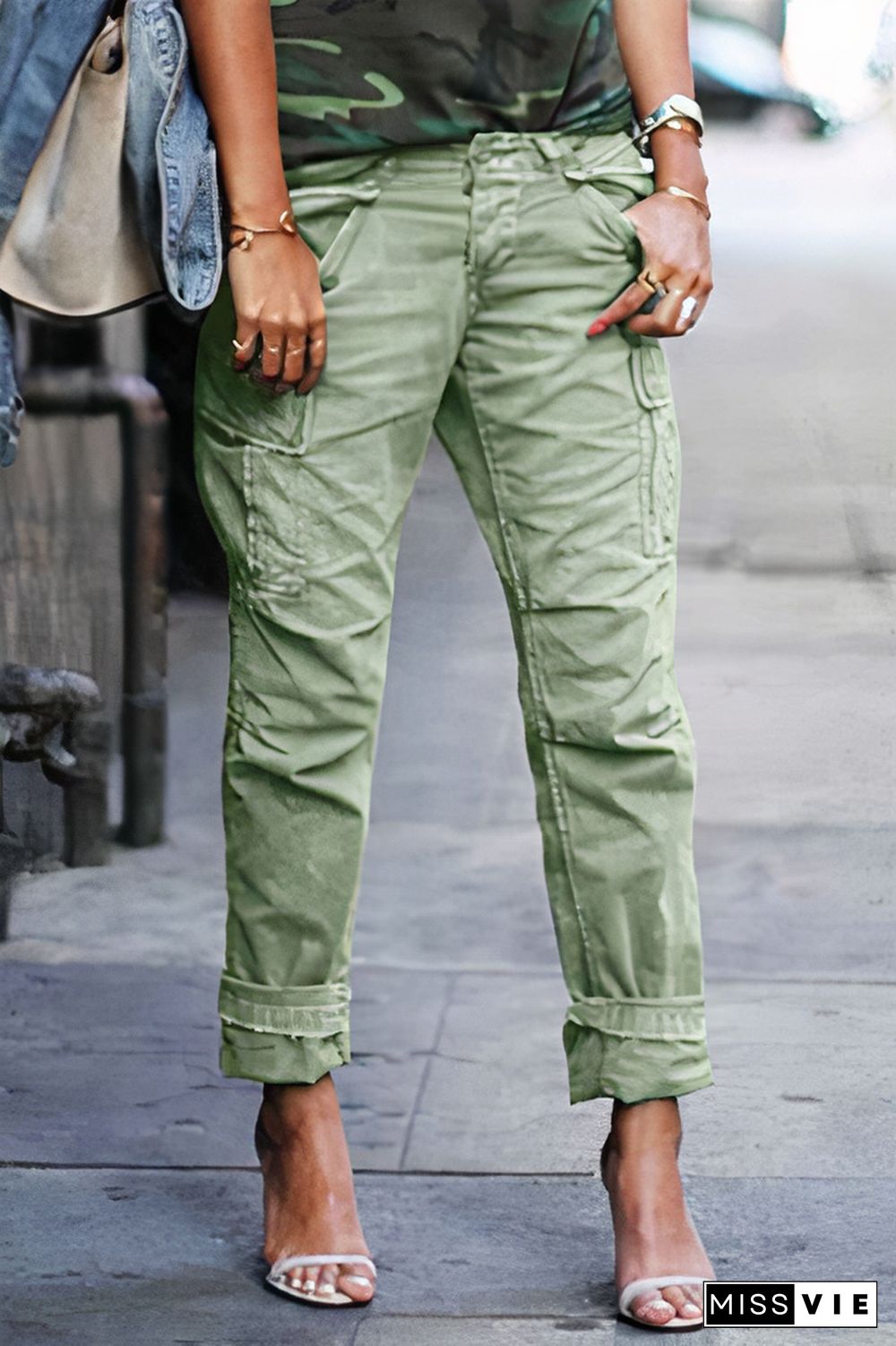 Solid Flap Pocket Straight Leg Low Waist Cargo Pants