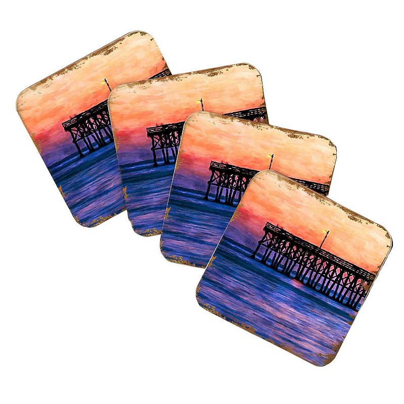 Pier at Sunset Coastal Wooden Cork Coasters Gift Set of 4 by Nature Wonders