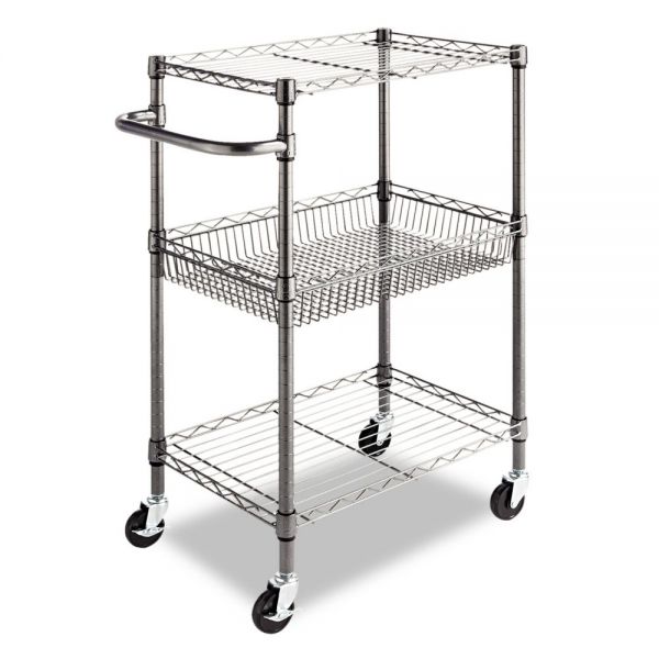 Alera Three-Tier Wire Cart with Basket， Metal， 2 Shelves， 1 Bin， 500 lb Capacity， 28