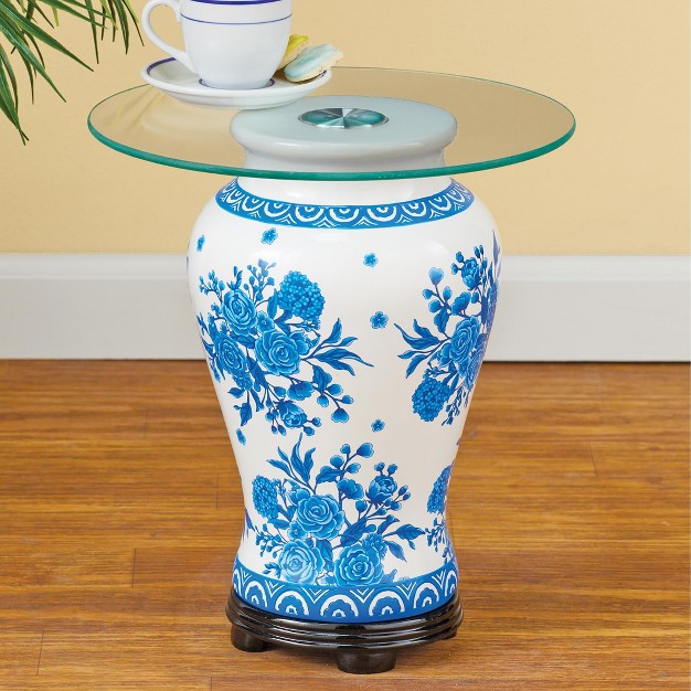 Collections Etc Decorative Blue Roses Ginger Jar With Glass Top Accent Table Blue N a