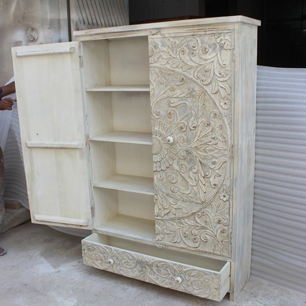 Indian Hand Carved Floral Design Solid Wooden Wardrobe/ Armoire - - 35095308