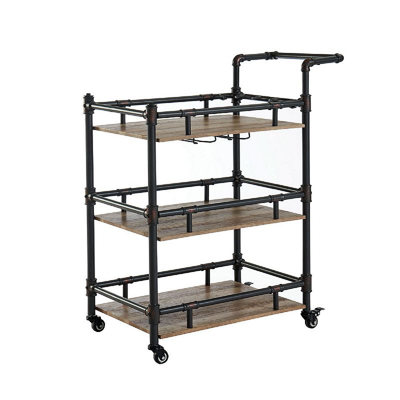 Rustic Three Tier Wood and Metal Serving Cart， Black and Brown