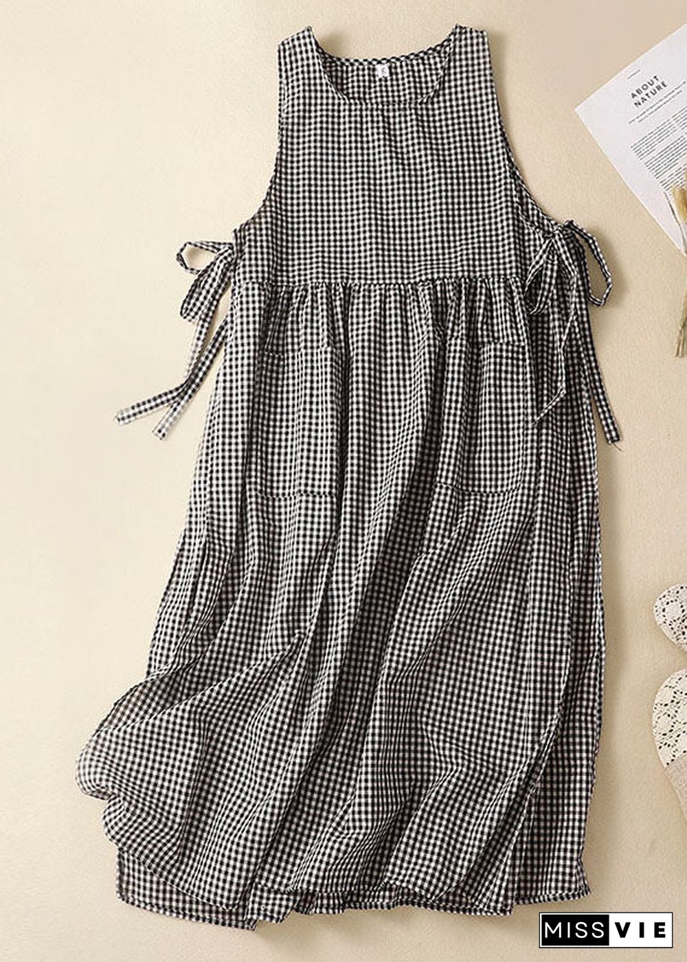 Black Plaid Linen Party Dress O-Neck Lace Up Wrinkled Sleeveless