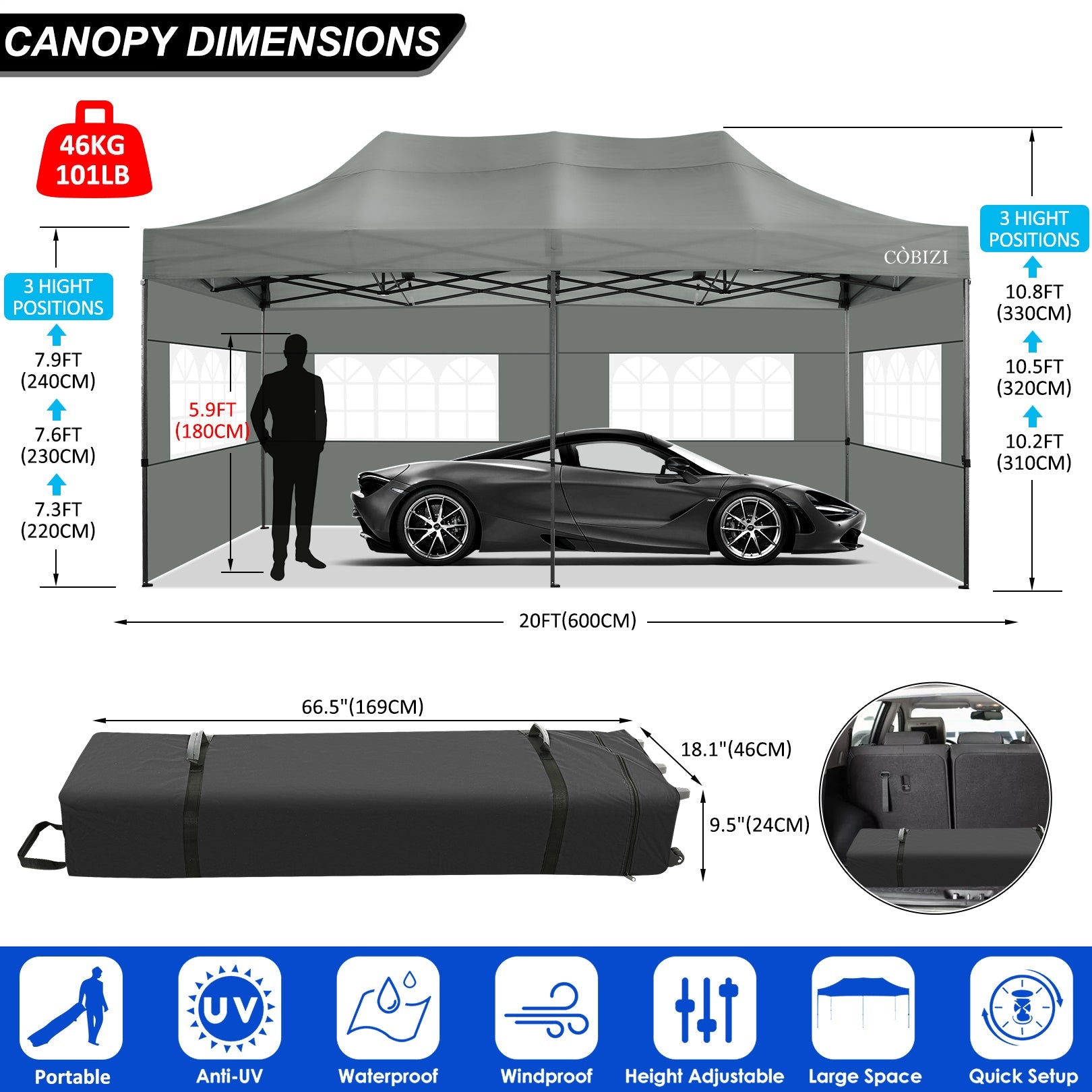 10'x20' Pop Up Canopy Waterproof Folding Tent Outdoor Easy Set-up Instant Tent Heavy Duty Commercial Wedding Party Shelter with 6 Removable Sidewalls, 6 Sandbags, Roller Bag, Gray