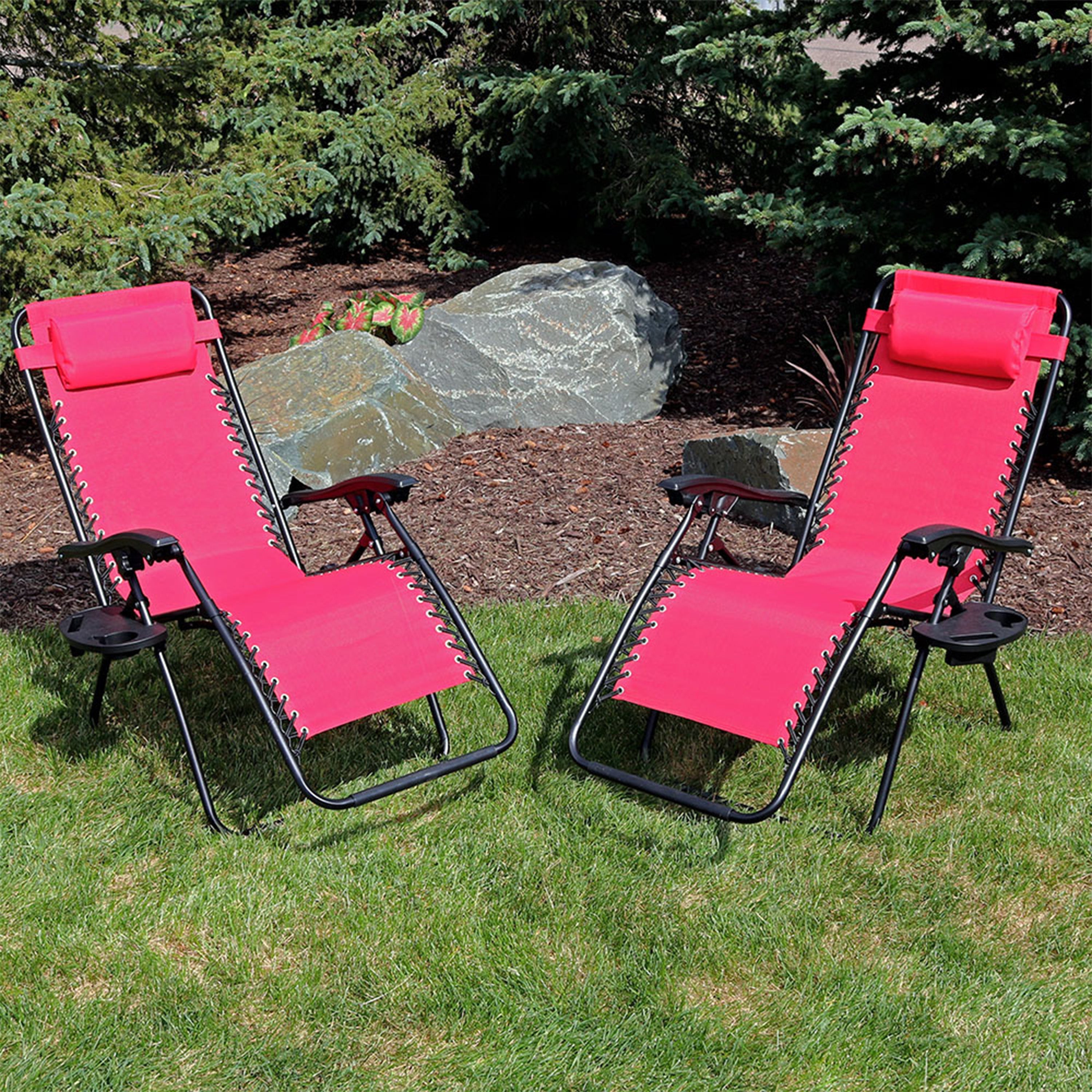 Sunnydaze Fade-Resistant Folding Outdoor Zero Gravity Lounge Chair with Pillow and Cup Holder - Red - 2-Pack