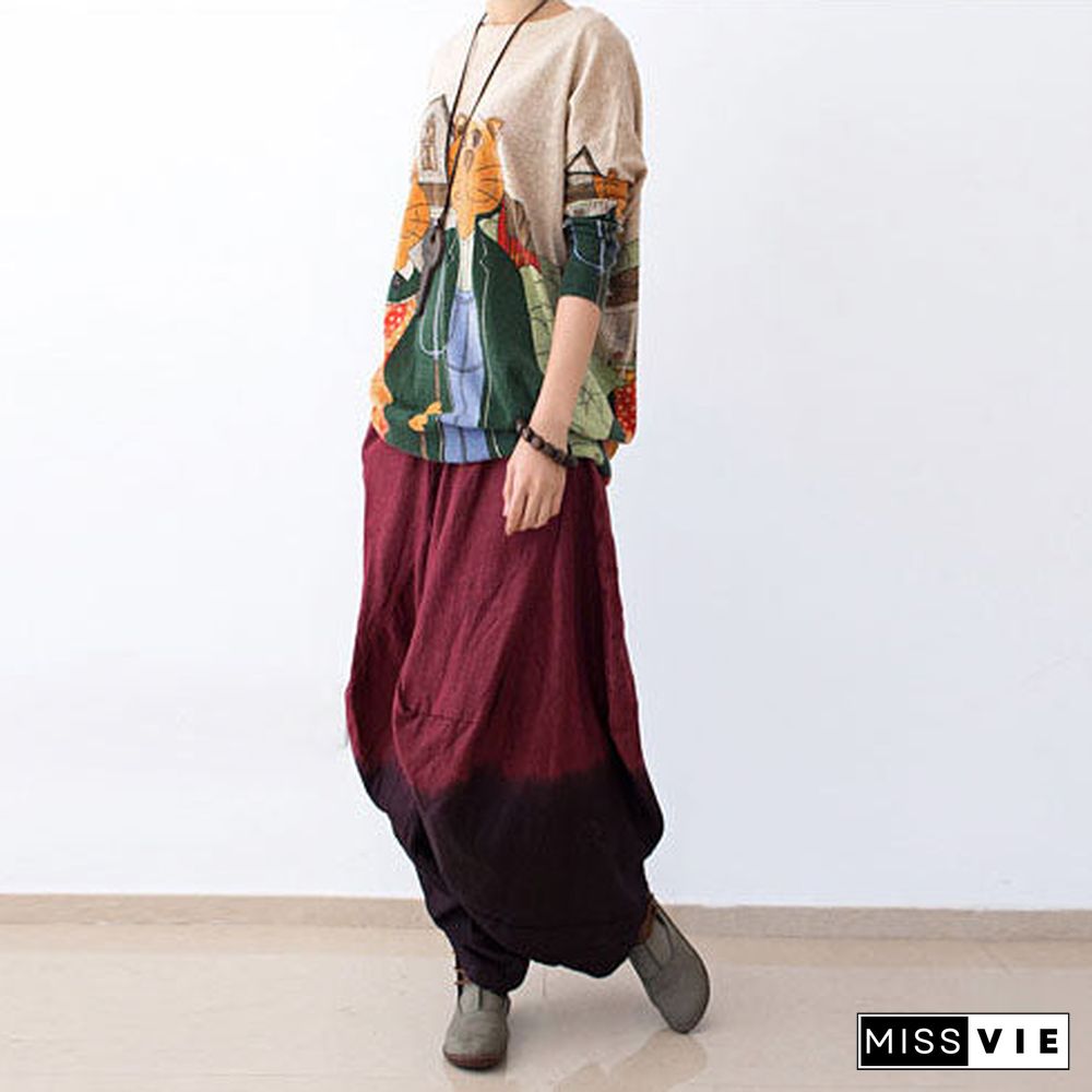 autumn pants gradient burgundy linen pants loose harem pants