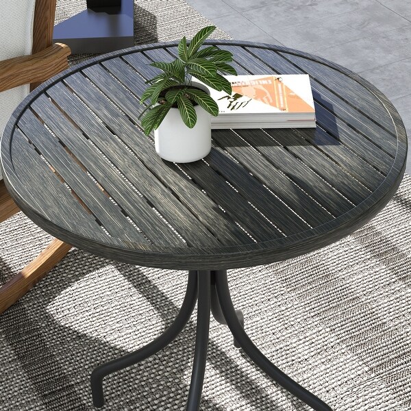 Outdoor Side Table，Patio Round Coffee Table with Steel Frame and Slat Tabletop