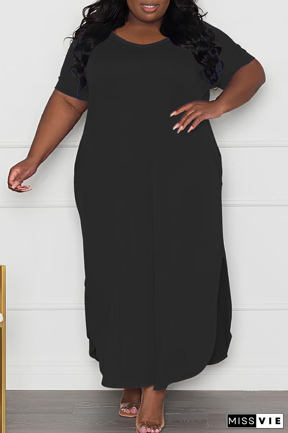 Casual Solid Slit O Neck Long Plus Size Dresses