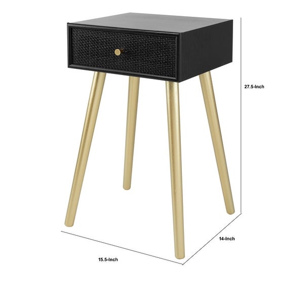 Gaia 28 Inch Pine Wood Side End Table， Gliding Rattan Drawer， Black， Gold