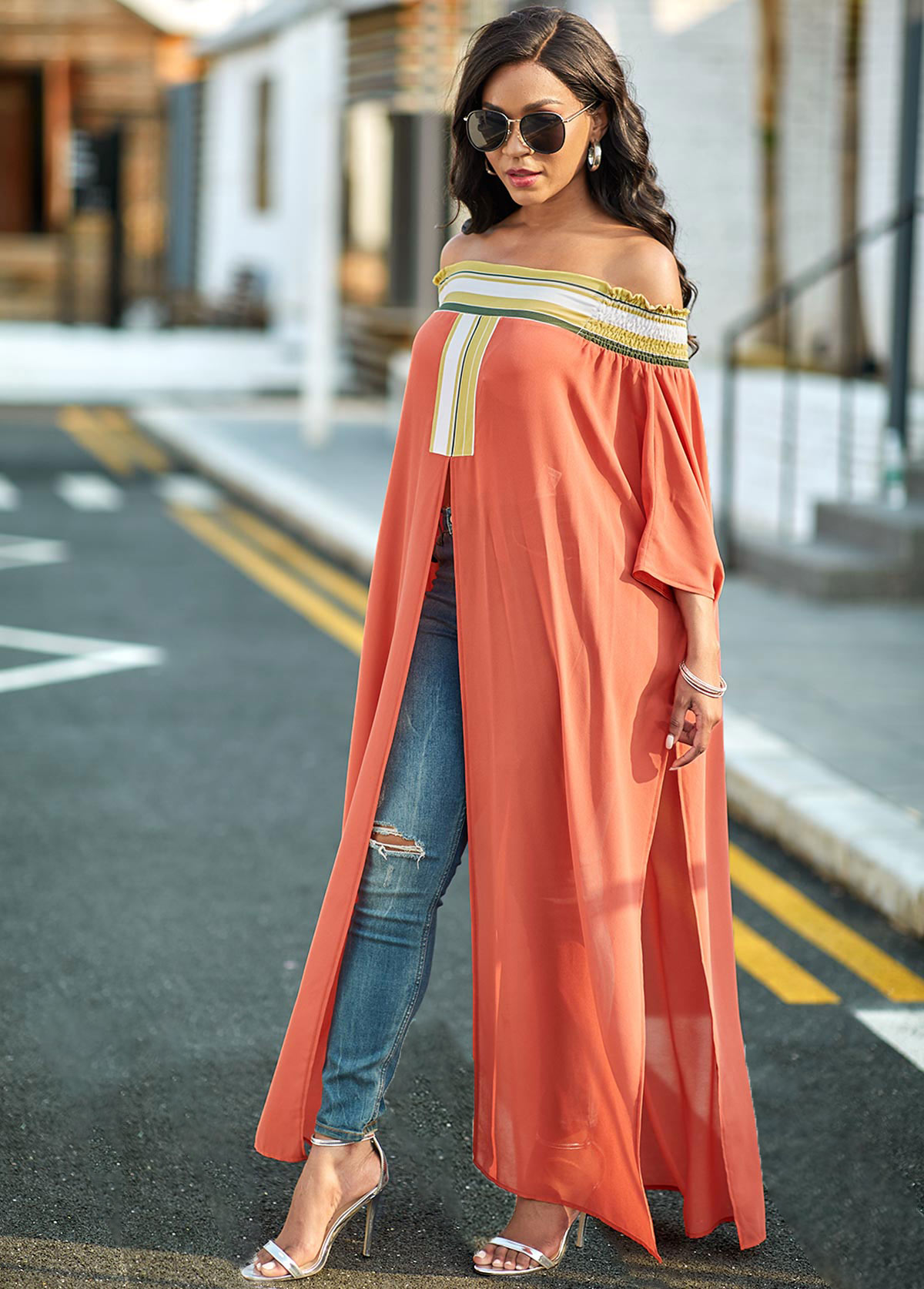 Striped High Slit Off Shoulder Blouse