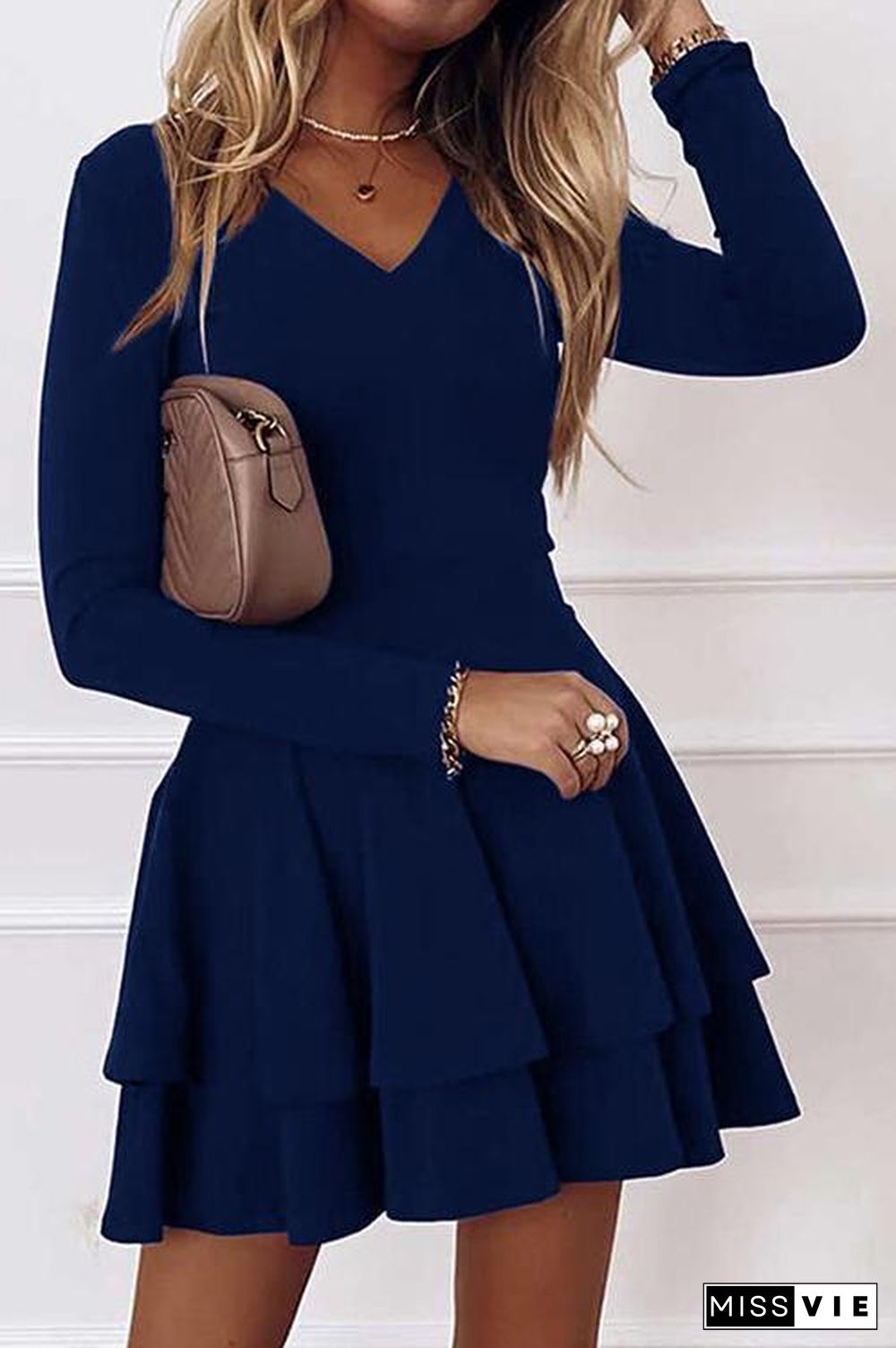 Layer V Neck Long Sleeve Dress