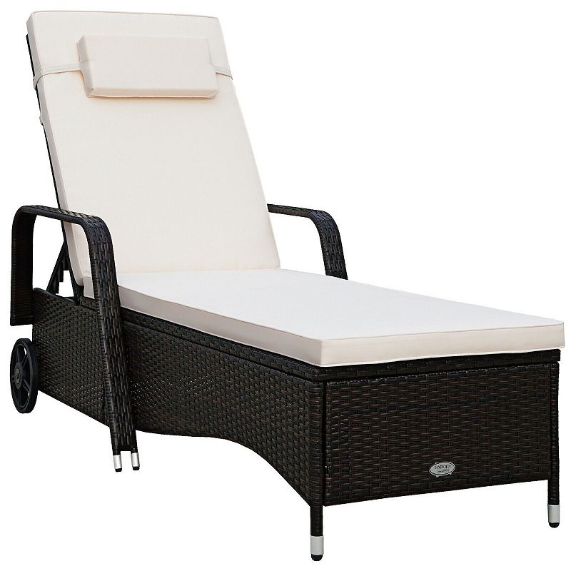 Outdoor Cushioned Wicker Chaise Lounger with Adjustable Backrest