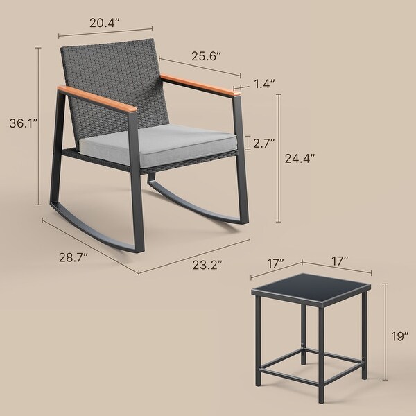 3 Piece Rocking Patio Bistro Set Wicker，Rocking Chair Pub Set with Glass Table