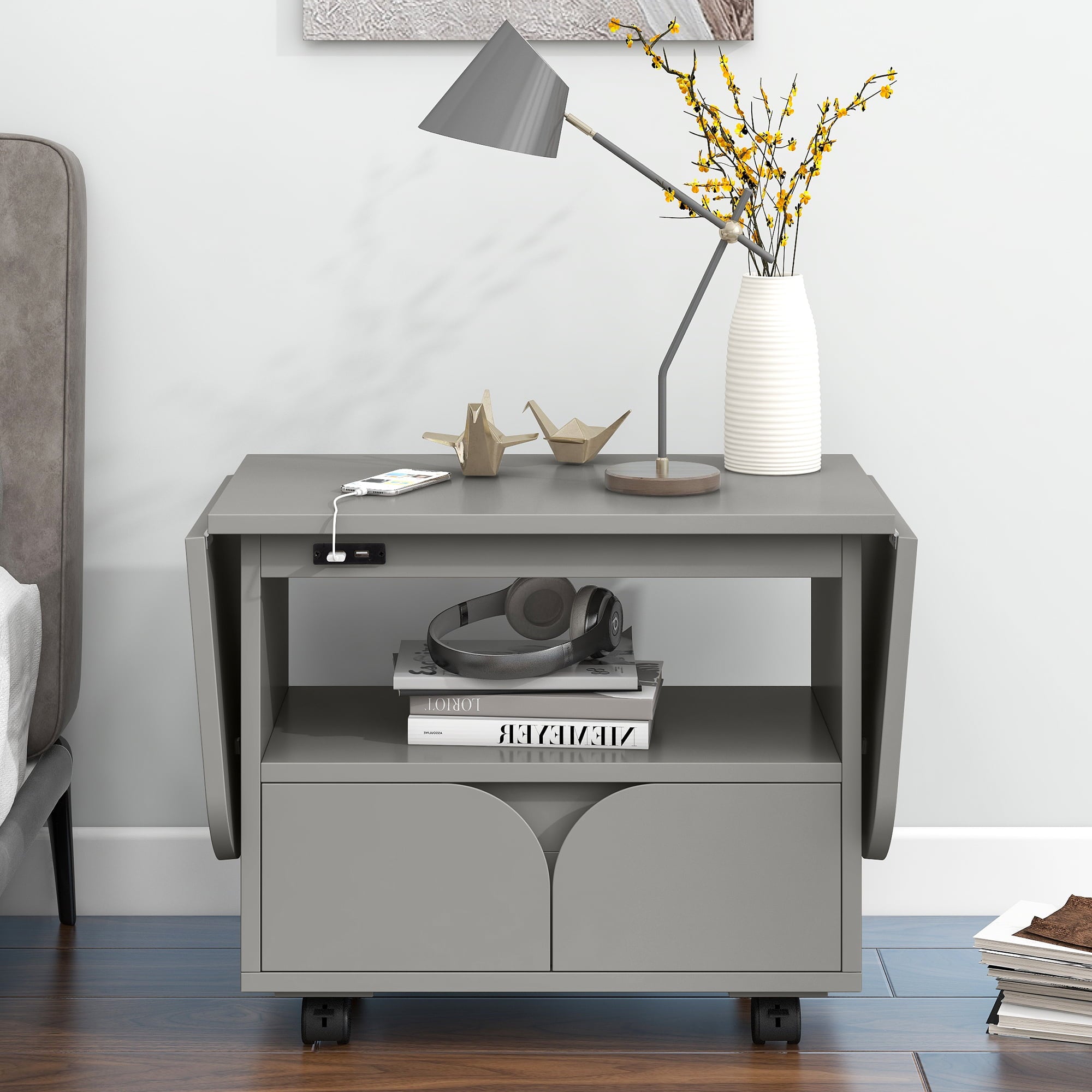 Modern Bedroom Nightstand with 2 Drawers, USB Charging, Gray