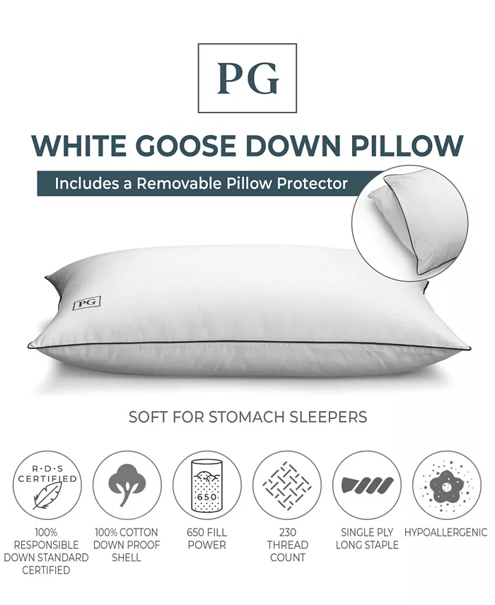 Pillow Guy White Goose Down Soft Density Stomach Sleeper Pillow with 100% Certified RDS Down， and Removable Pillow Protector， Full Queen