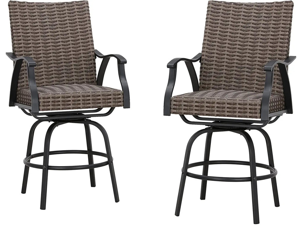 Set of 2 Patio Bar Stool  Black Finished Frame With Woven PE Rattan Seat  ampBack   Tropical   Outdoor Bar Stools And Counter Stools   by Decor Love  Houzz