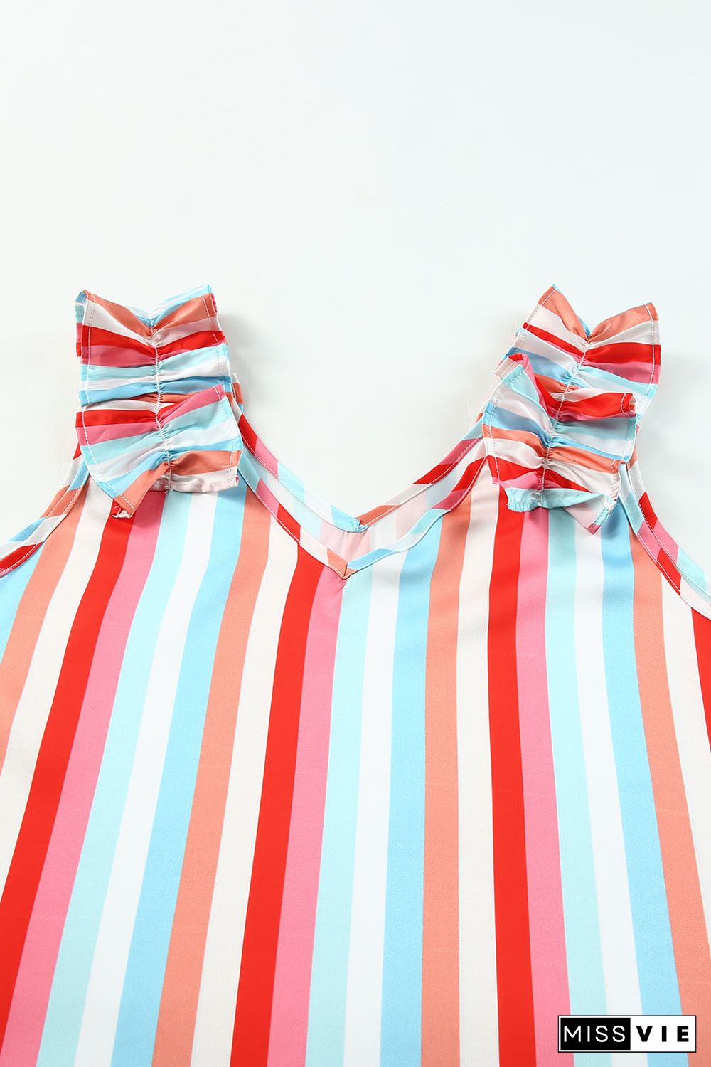 Multicolor Striped V Neck Ruffle Straps Tank Top