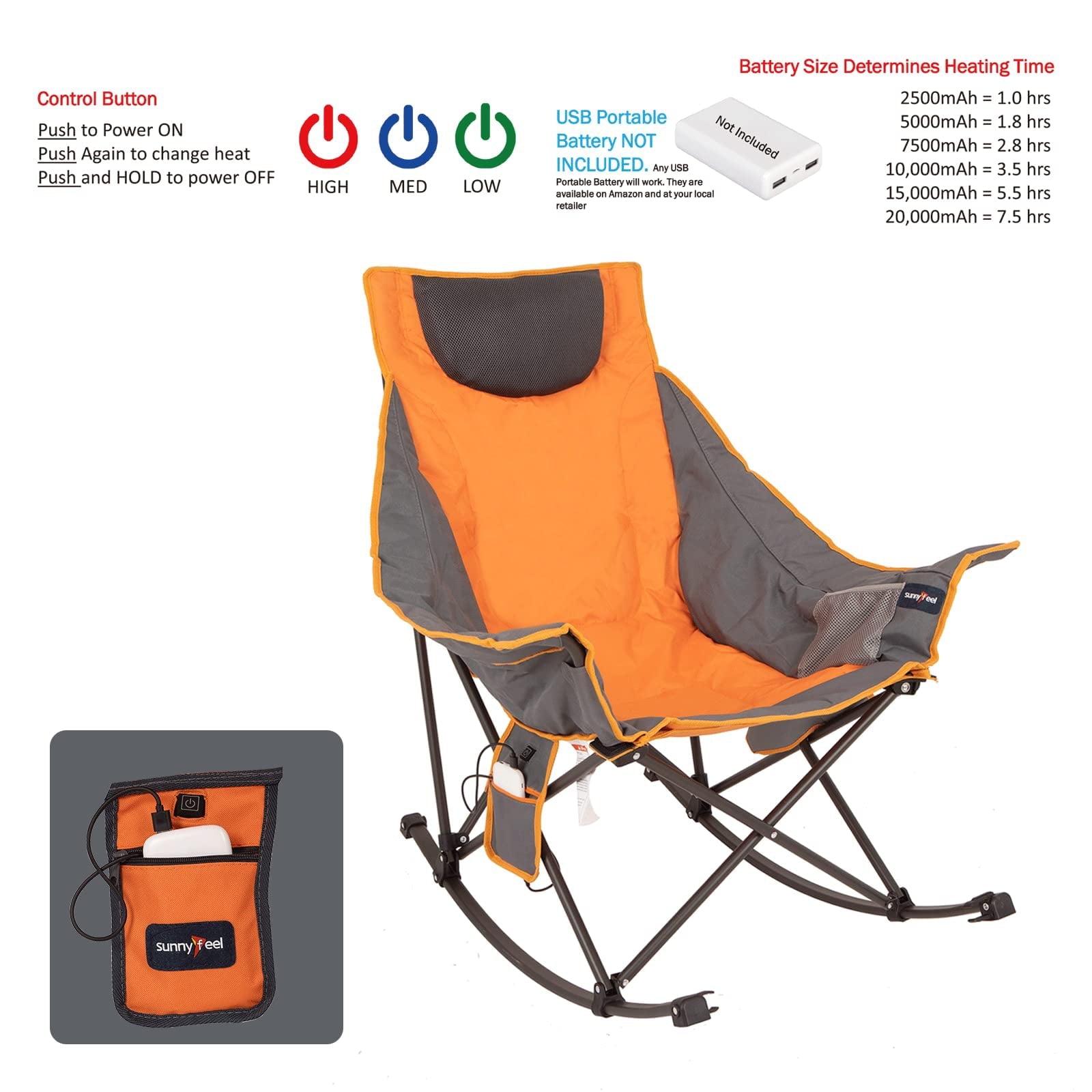 Sunnyfeel Camping Rocking Chair, Oversized Folding Heated Camping Chairs Hot Seat with Luxury Padded Recliner,Carry Bag, 300 LBS Heavy Duty for Lawn/Outdoor/Picnic/Patio, Portable Rocker Camp Chair