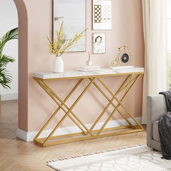 Modern Entryway Hallway Table with Diamond-Shaped Gold Metal Legs