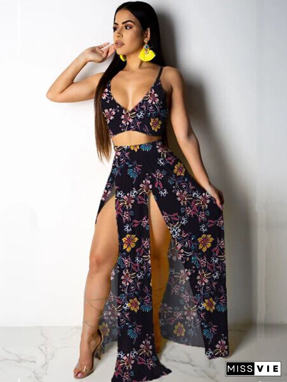 Deep V Neck High Split Maxi Dresses Skirt Set