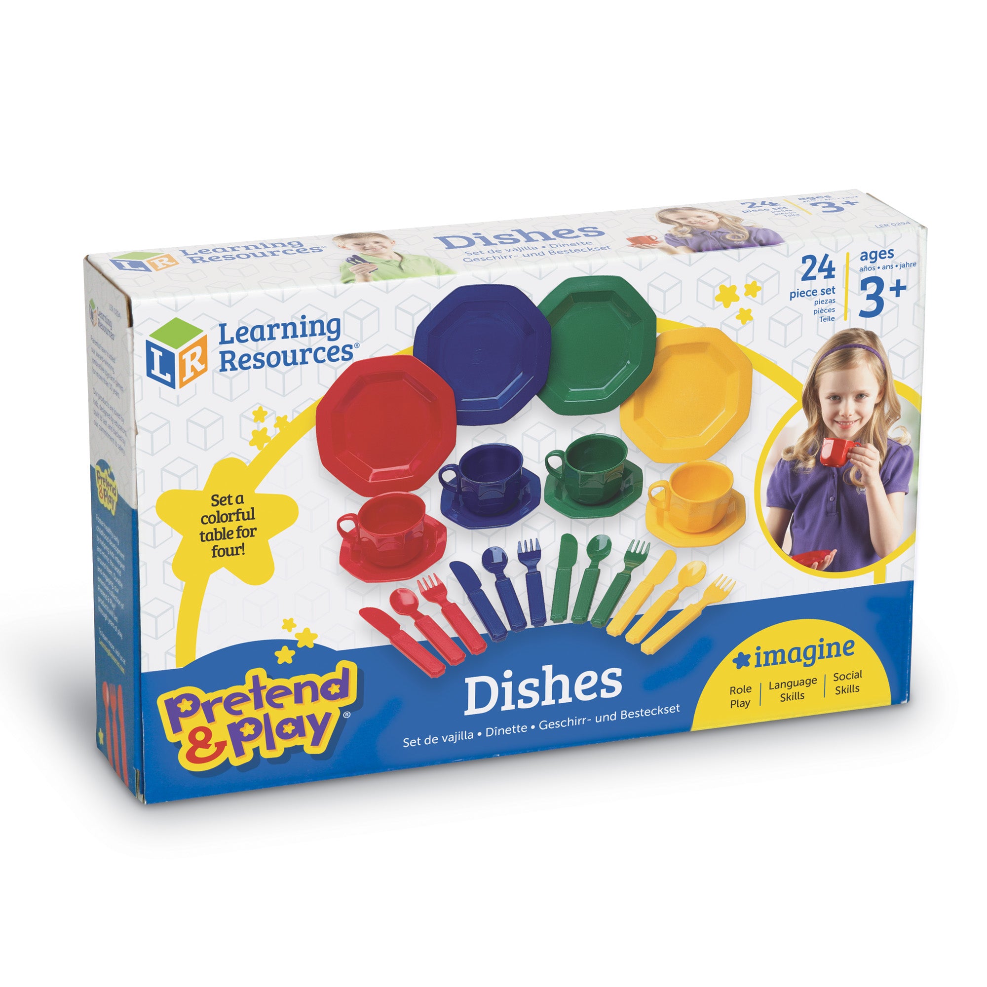 Learning Resources Play Dishes, 24 Piece Set, Ages 3+, Colorful Kitchen Toy Plate Set, For Kids, Girls, Boys