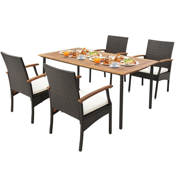 Gymax 5PCS Wicker Dining Set Cushion Acacia Wood Armchairs Table w/