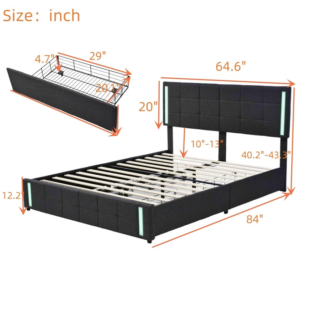 Queen Size Upholstered Platform LED Bed Frame