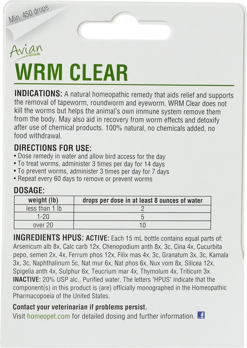 HomeoVet Avian WRM Clear Worm Removal Bird Supplement， 15-mL tube