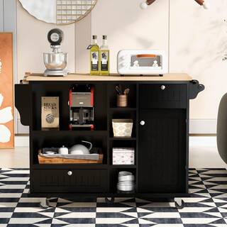 Tileon Black Kitchen Island Cart With Microwave Storage Cabinet Solid wood top 2-Locking Wheels Buffet Server Sideboard AYBSZHD2019