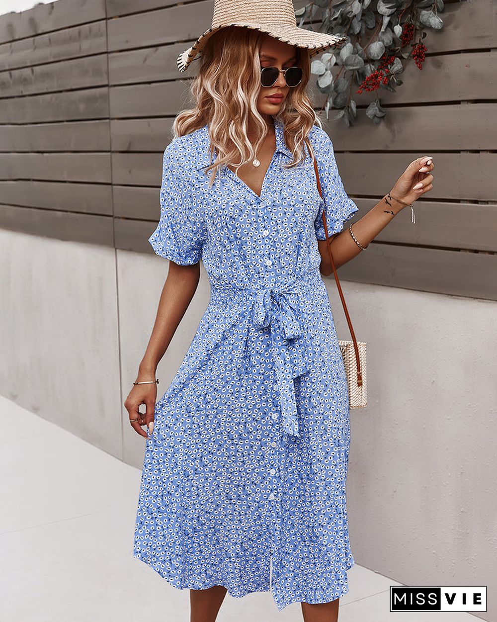 Short Sleeve Tie Waist V Neck Collar Midi Dress