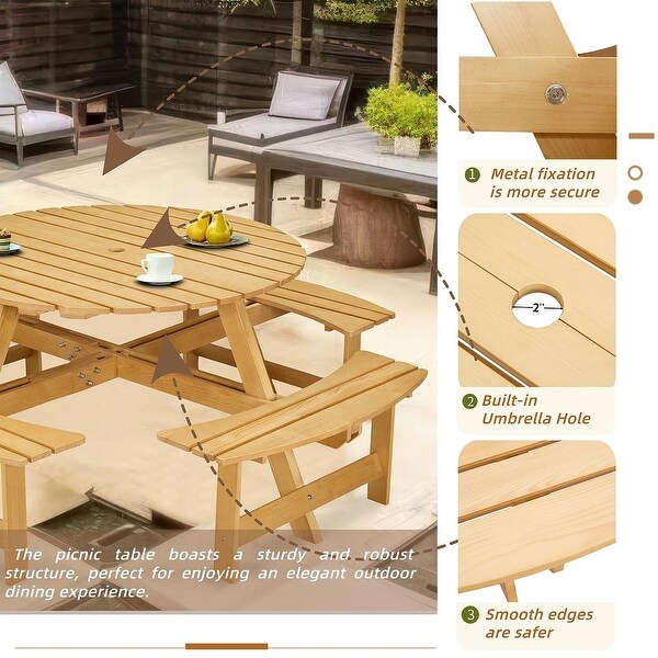 Outdoor round wooden picnic set with umbrella hole (6 persons/8 persons)