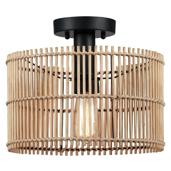 True Fine Eclectic Natural Rattan and Bamboo Semi Flush Mount Ceiling Light with Black Hardware - 11.8W