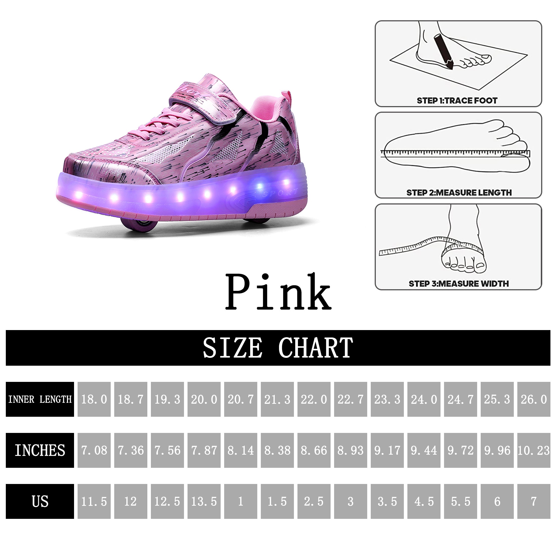 KOFUBOKE Pink Teen Roller Shoes LED Shoes Size 3 Unisex