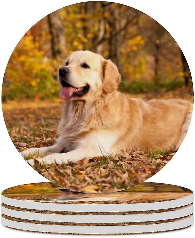 1pc Round Autumn Golden Retriever Sitting Ceramic Coasters With Cork-backed For Coffee Drink Cup Mat Absorbent Stone Coasters